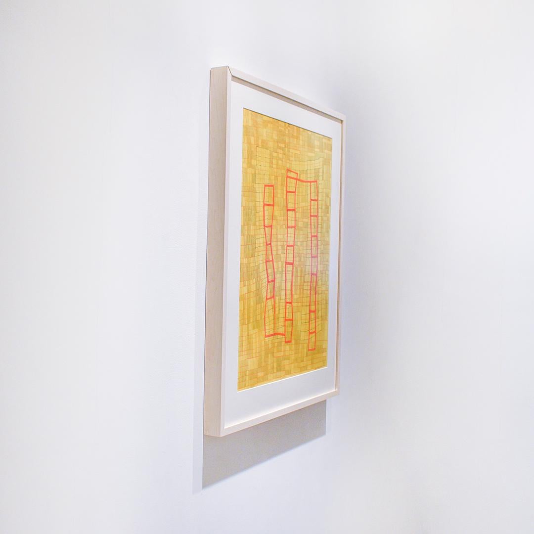 Griglia gialla e rossa (pittura geometrica astratta a tecnica mista su carta, con cornice) - Abstract Drawing Arancia di Donise English