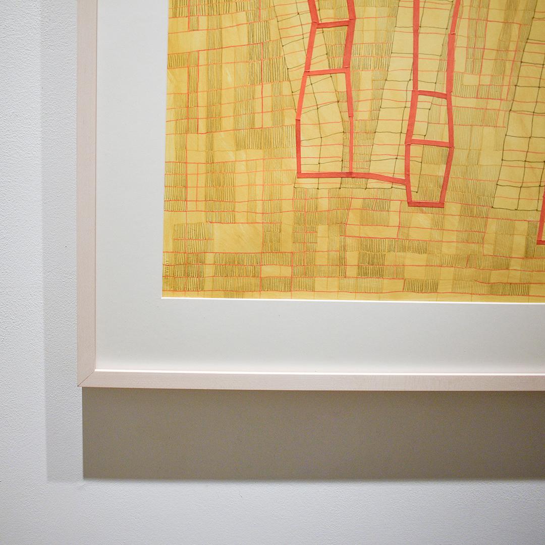 Yellow & Red Grid (Abstract Geometric Mixed Media Painting on Paper, Framed) - Contemporary Art by Donise English
