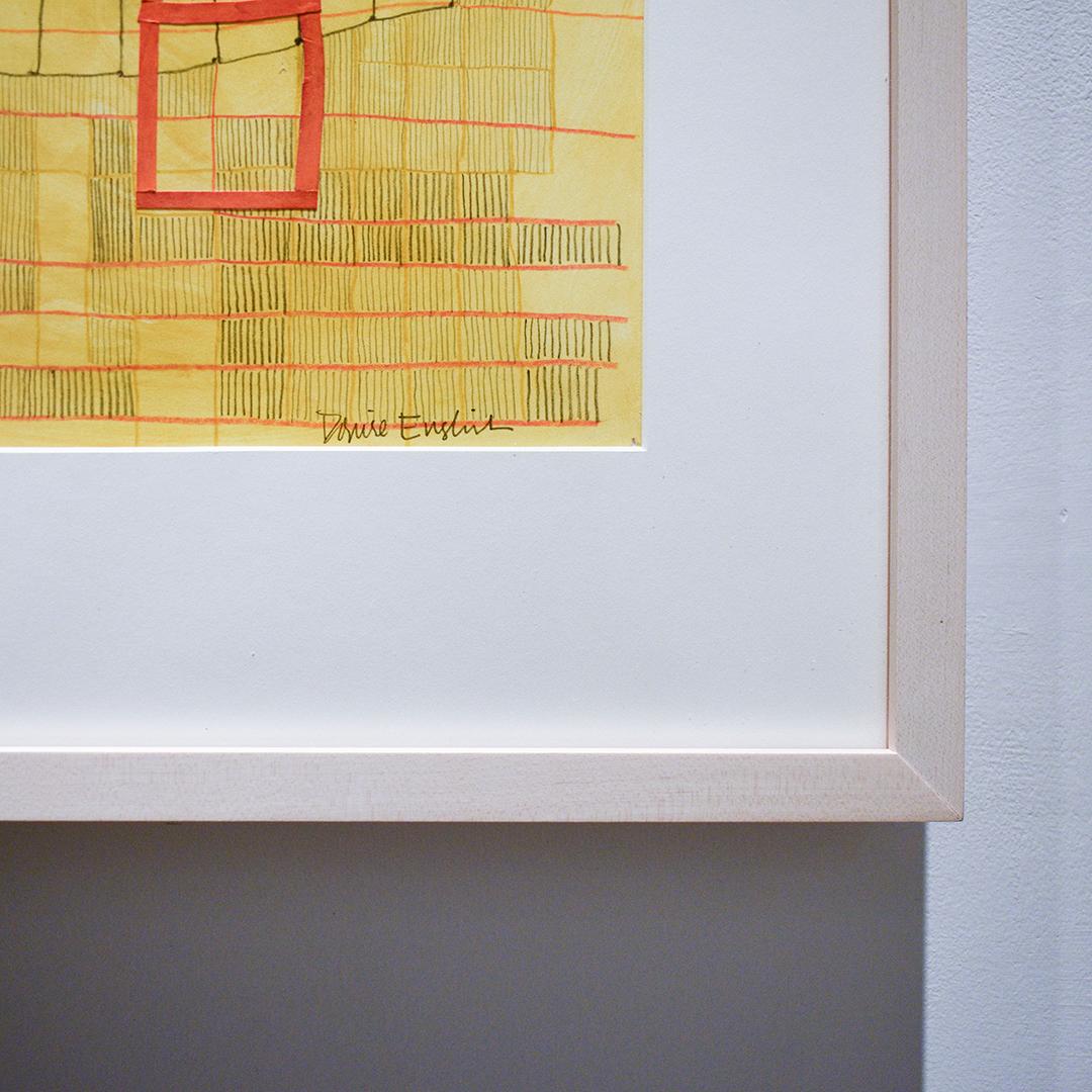 Yellow & Red Grid (Abstract Geometric Mixed Media Painting on Paper, Framed) - Orange Abstract Drawing by Donise English