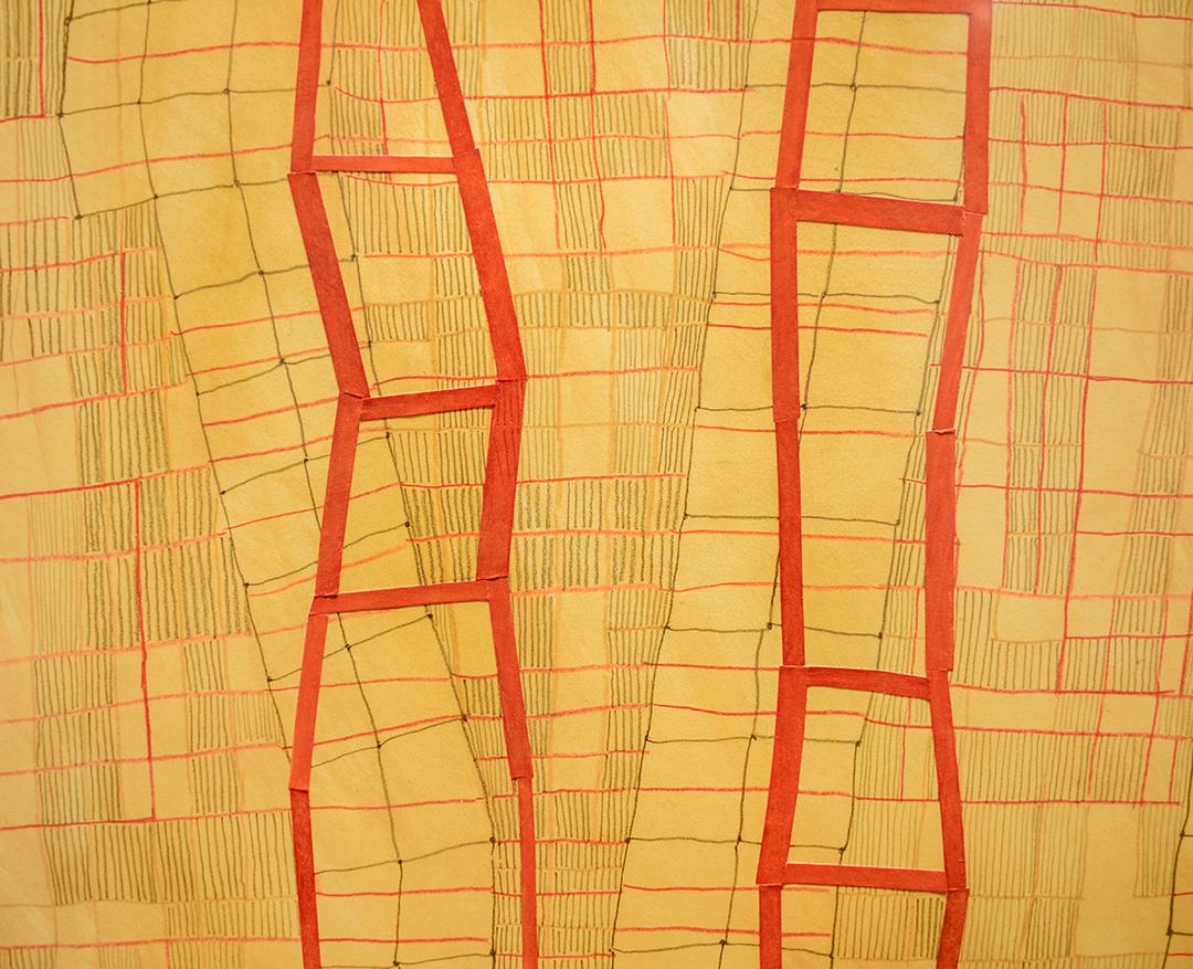 Gelbes und rotes Gitter (abstraktes geometrisches Gemälde in Mischtechnik auf Papier, gerahmt) im Angebot 2