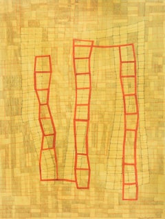 Yellow & Red Grid (Abstract Geometric Mixed Media Painting on Paper, Framed)