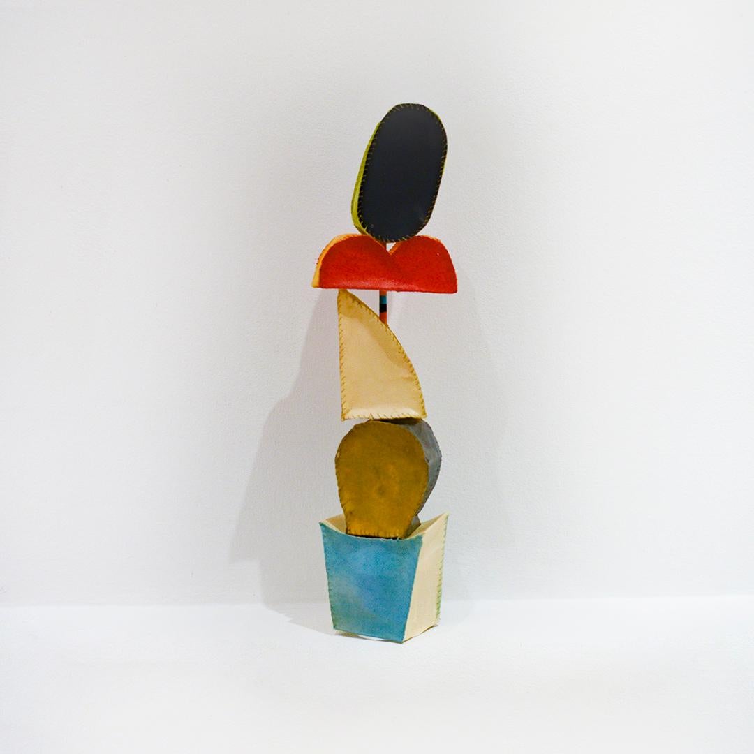 Play Tower #3 (Colorful Abstract Standing Sculpture in Blau, Beige, Rot & Schwarz) (Braun), Abstract Sculpture, von Donise English