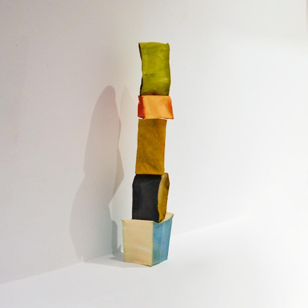 Play Tower #3 (Colorful Abstract Standing Sculpture in Blue, Beige, Red & Black) - Brown Abstract Sculpture by Donise English