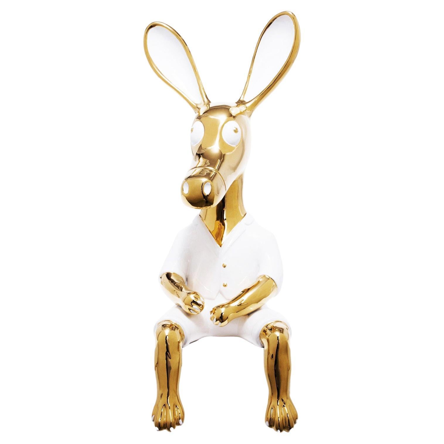 White and gold donky sculpture, ceramic and 24k gold finish For Sale