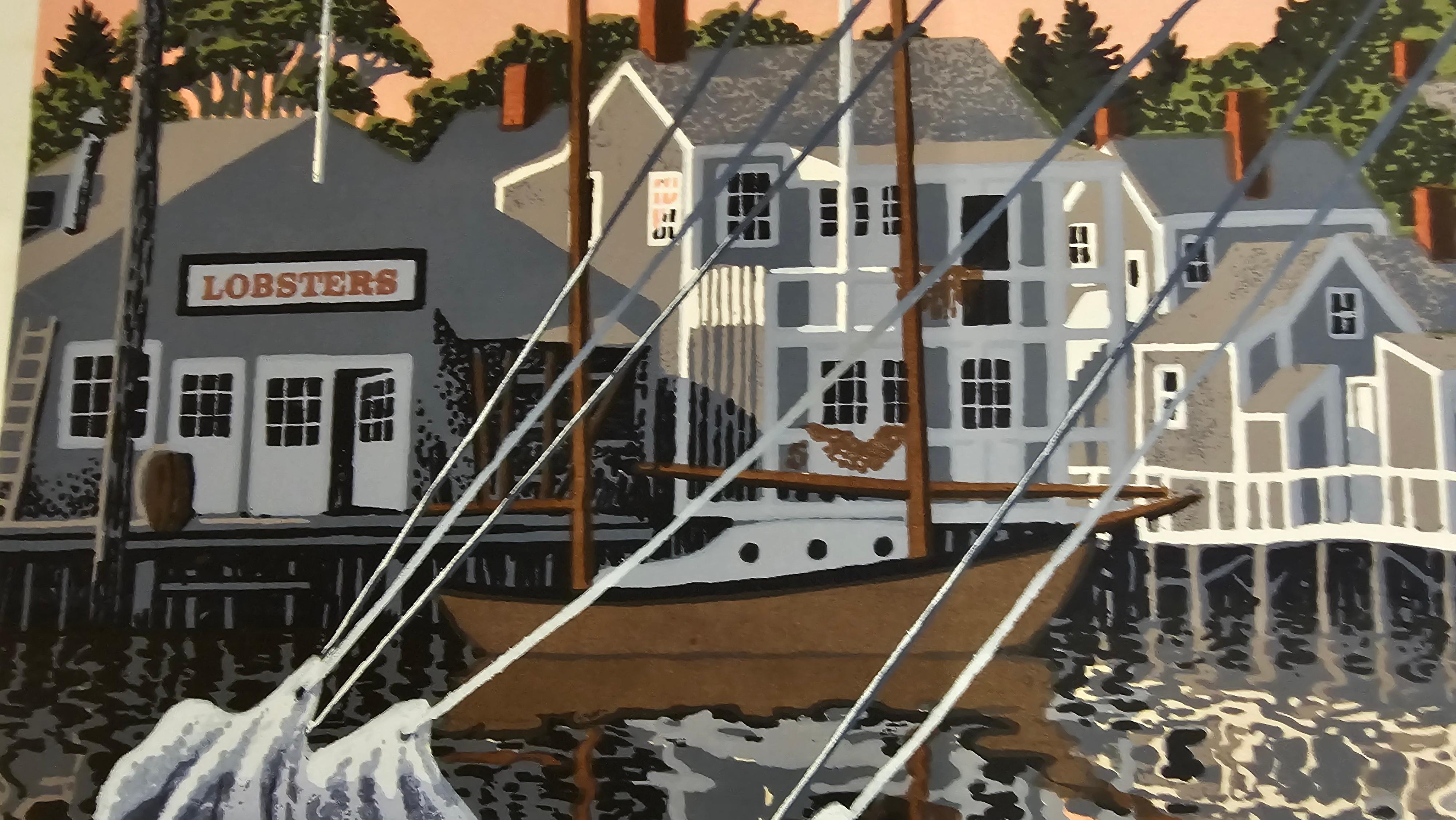 Nantucket North Wharf Nacht Himmelblaues Seidenscreen-Häuschen Meereslandschaft Seide Cottages – Print von Donn Russell