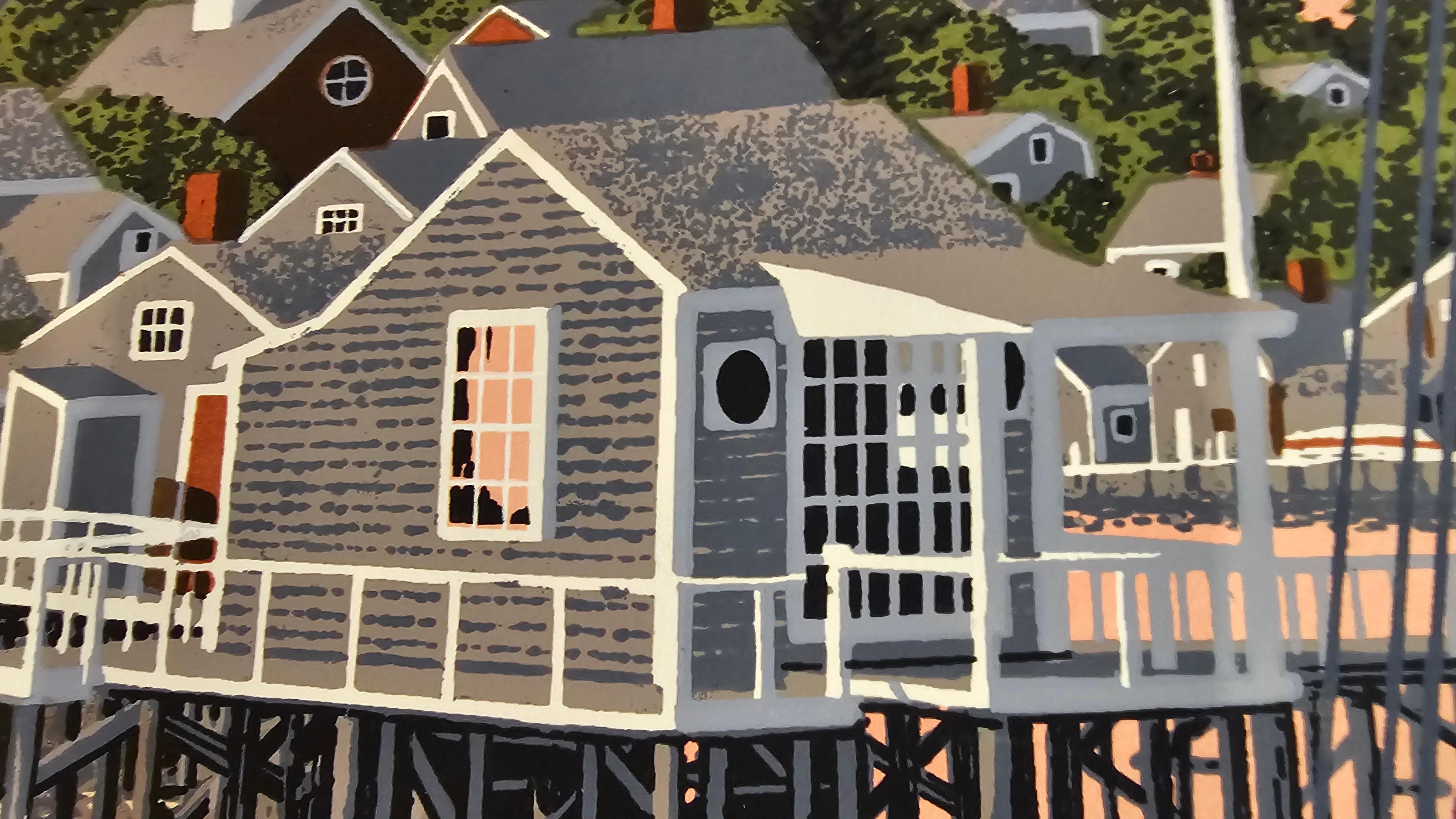 Nantucket North Wharf Nacht Himmelblaues Seidenscreen-Häuschen Meereslandschaft Seide Cottages (Amerikanischer Realismus), Print, von Donn Russell