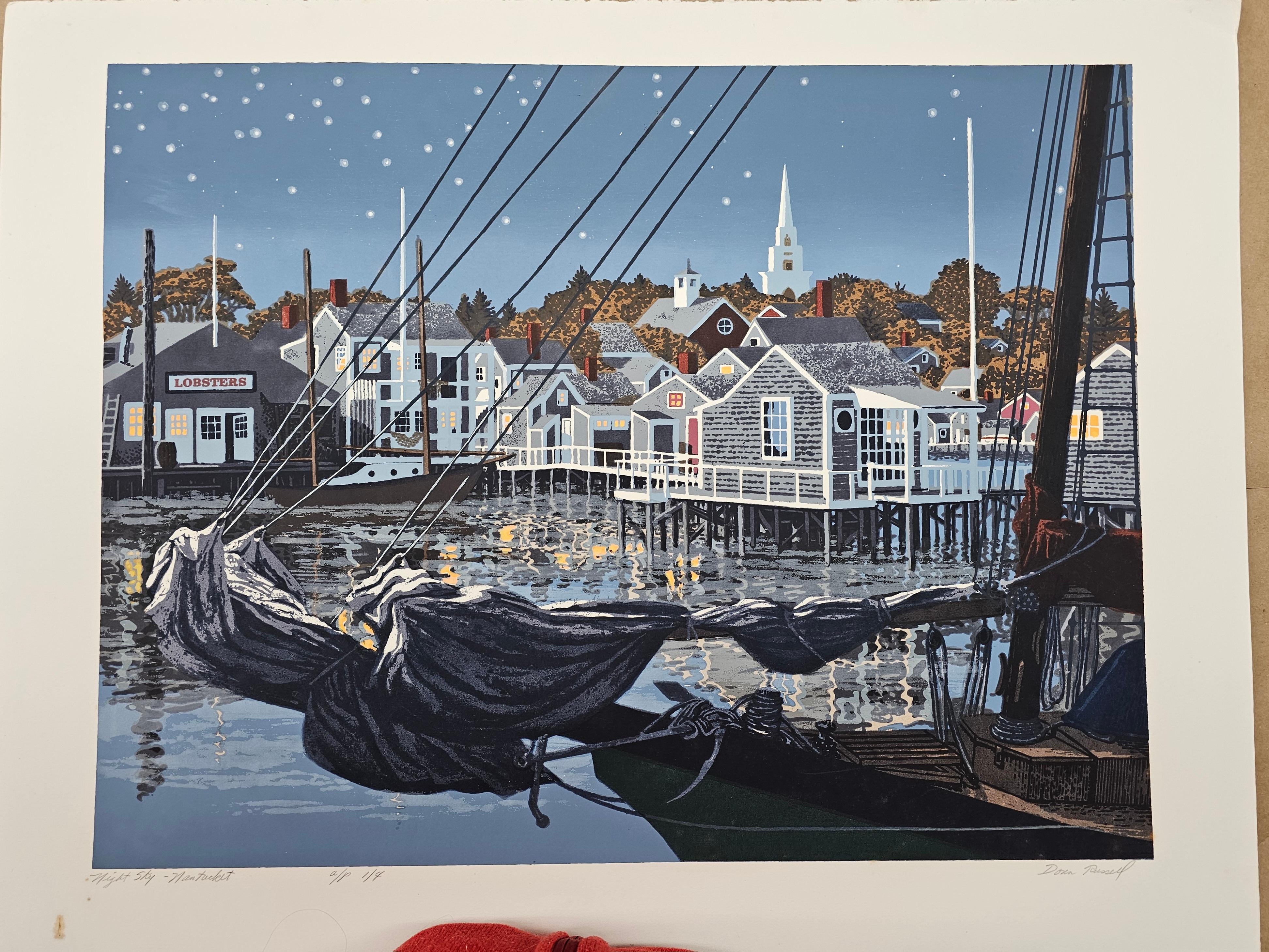 Landscape Print di Donn Russell - Nantucket North Wharf Notte Cielo Blu Barca a vela Mare Serigrafia Cottage Mare
