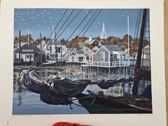 Vintage Nantucket North Wharf Night Sky Blue Sailboat Seaside Silkscreen Cottages Sea