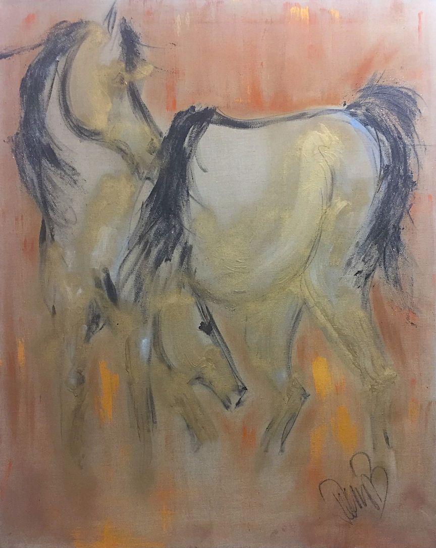 Donna Bernstein Animal Painting - Horses at Sunrise, Painting, Acrylic on Other