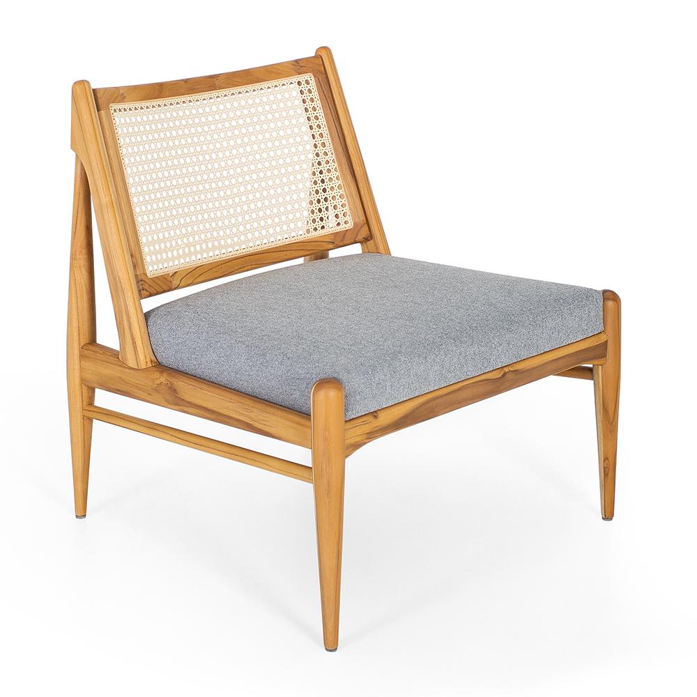 Brazilian Donna Cane-Back Armchair in Teak Finish and Fabric Seat