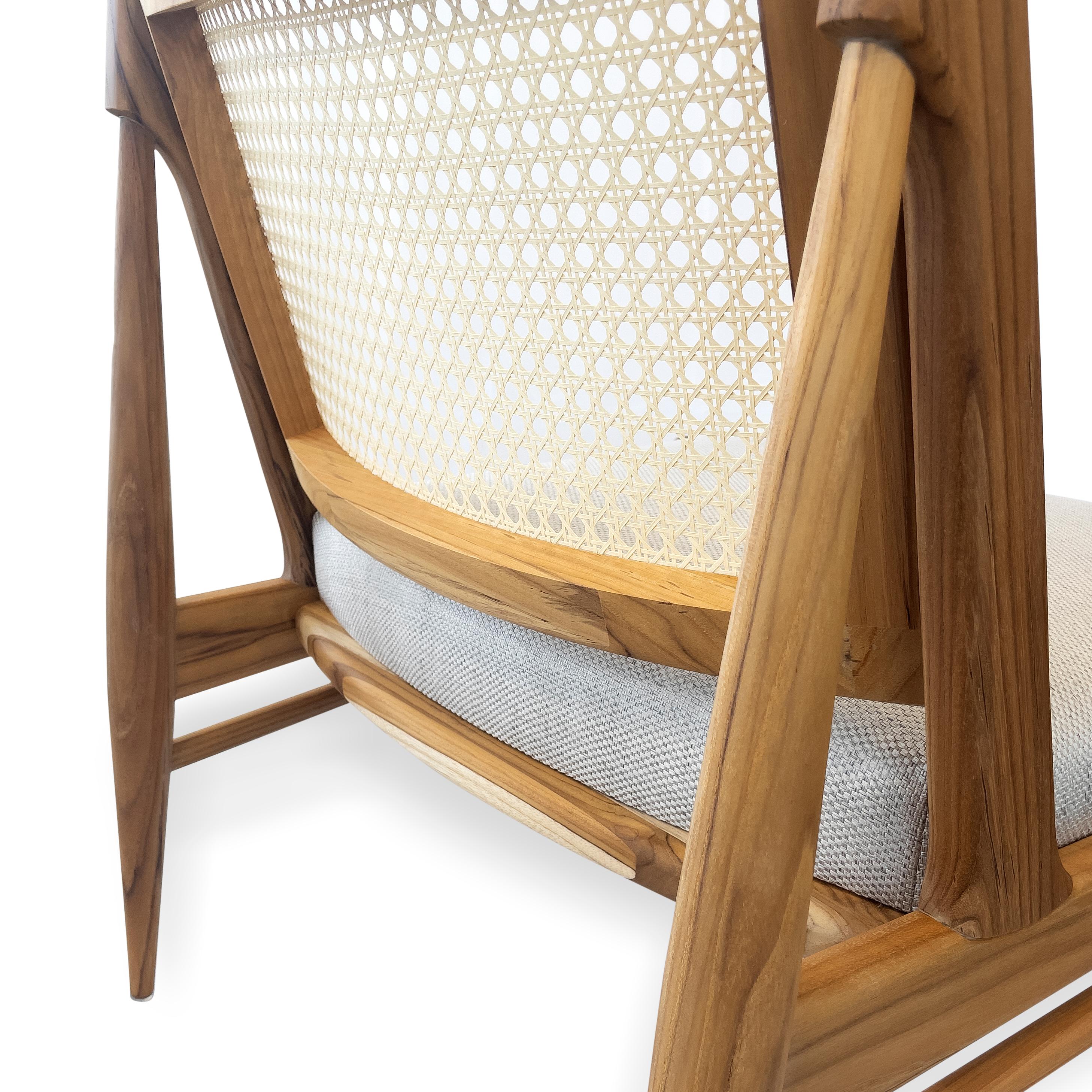 Brazilian Donna Cane-Back Chair in Teak Wood Finish with Light Beige Fabric Seat For Sale