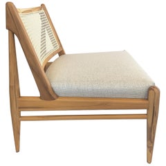 Teak Wood Cane-Back Lounge Chair with Light Beige Fabric Seat, Donna Collection