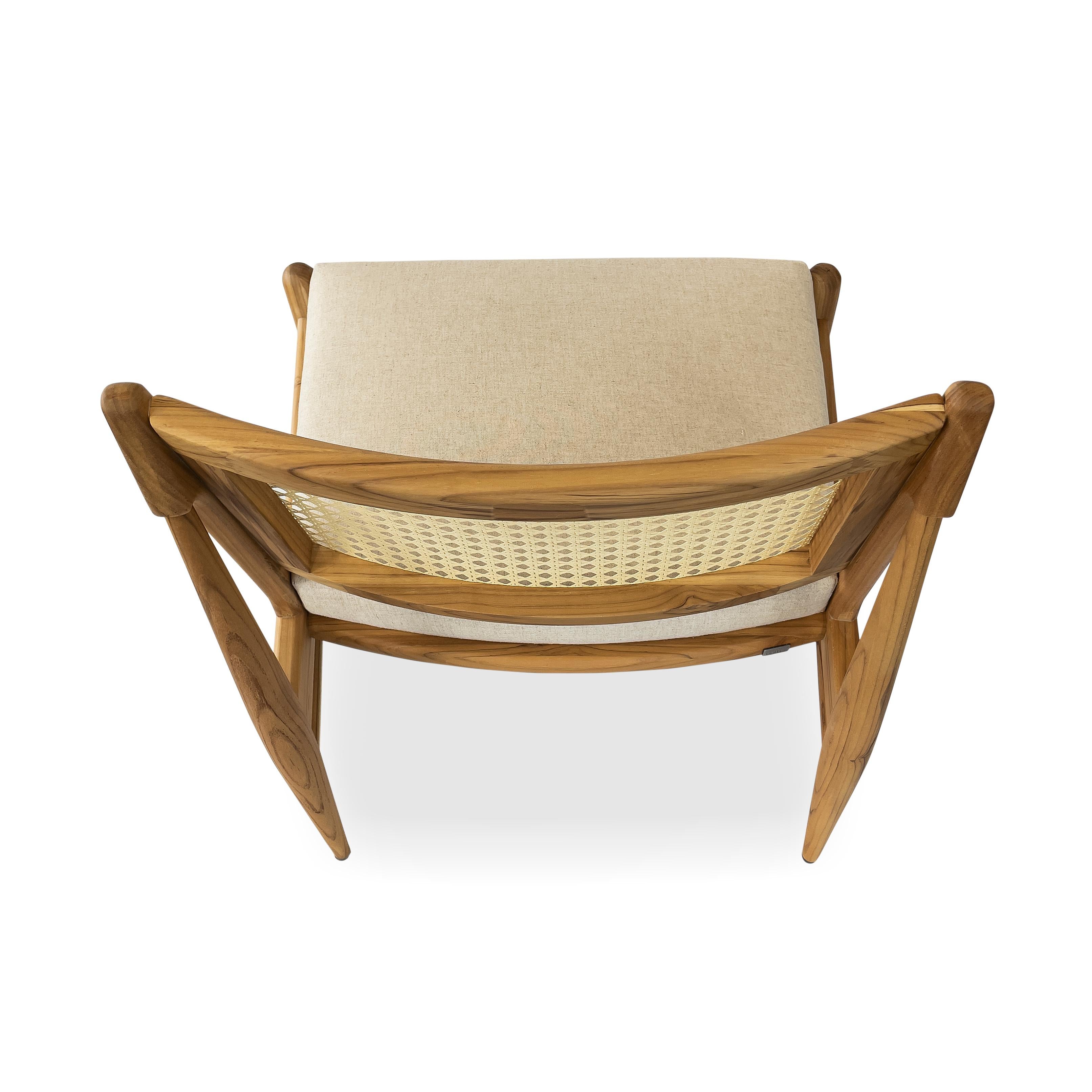 Teak Wood Occasional Chair with Cane Back and Beige Fabric - Donna Line For Sale 3