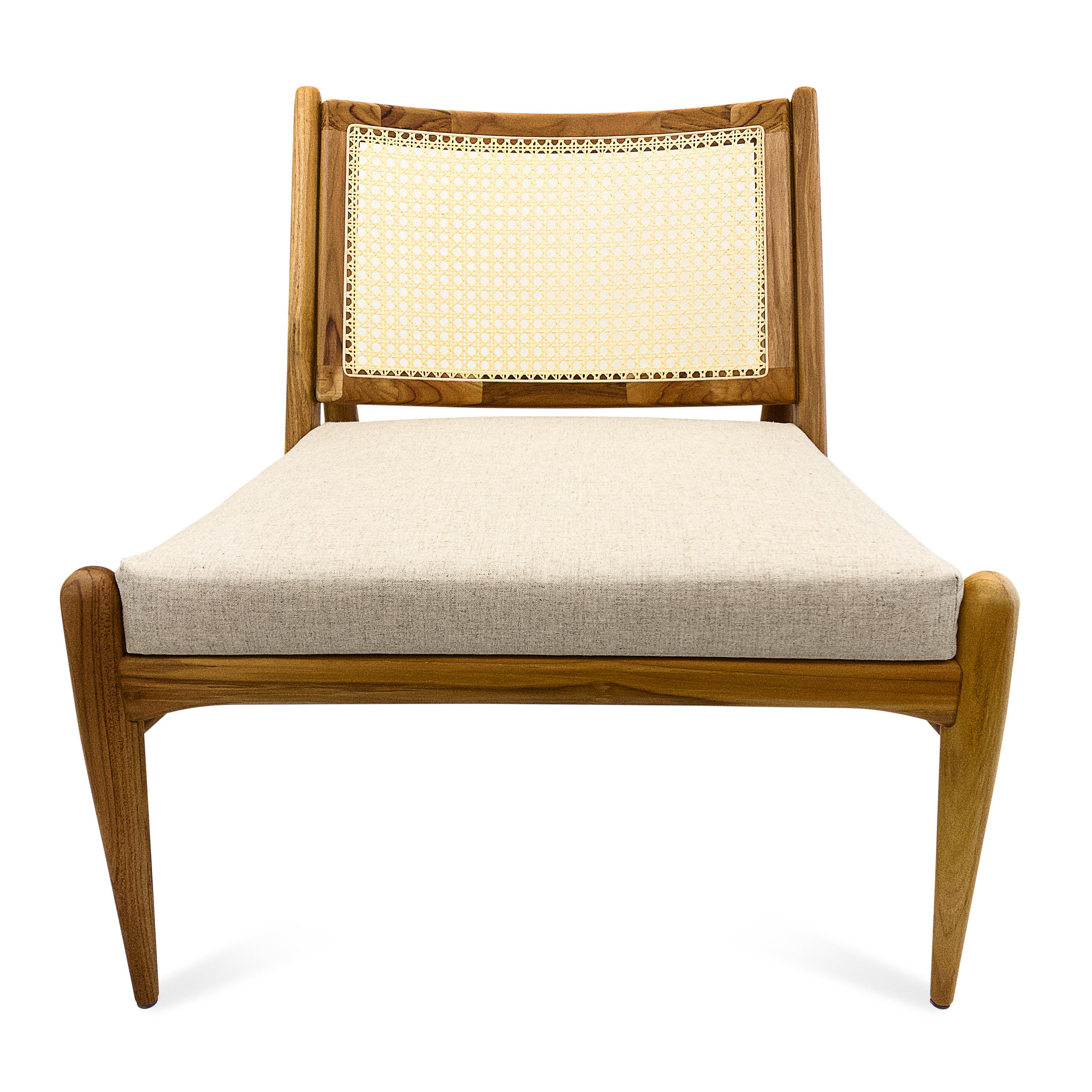 Brazilian Donna Cane-Back Chair in Teak Wood Finish with Oatmeal Fabric Seat For Sale
