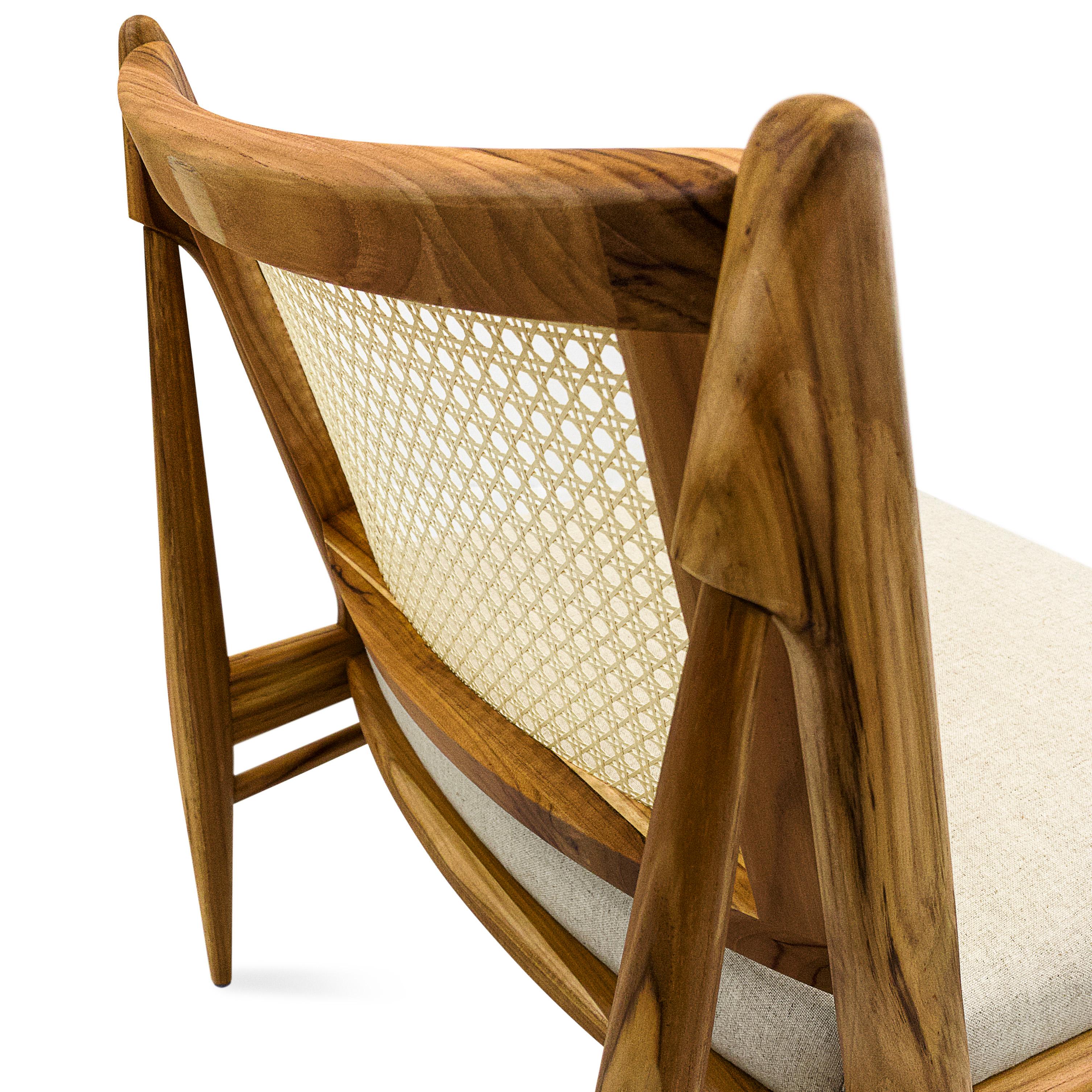 Brazilian Teak Wood Occasional Chair with Cane Back and Beige Fabric - Donna Line For Sale