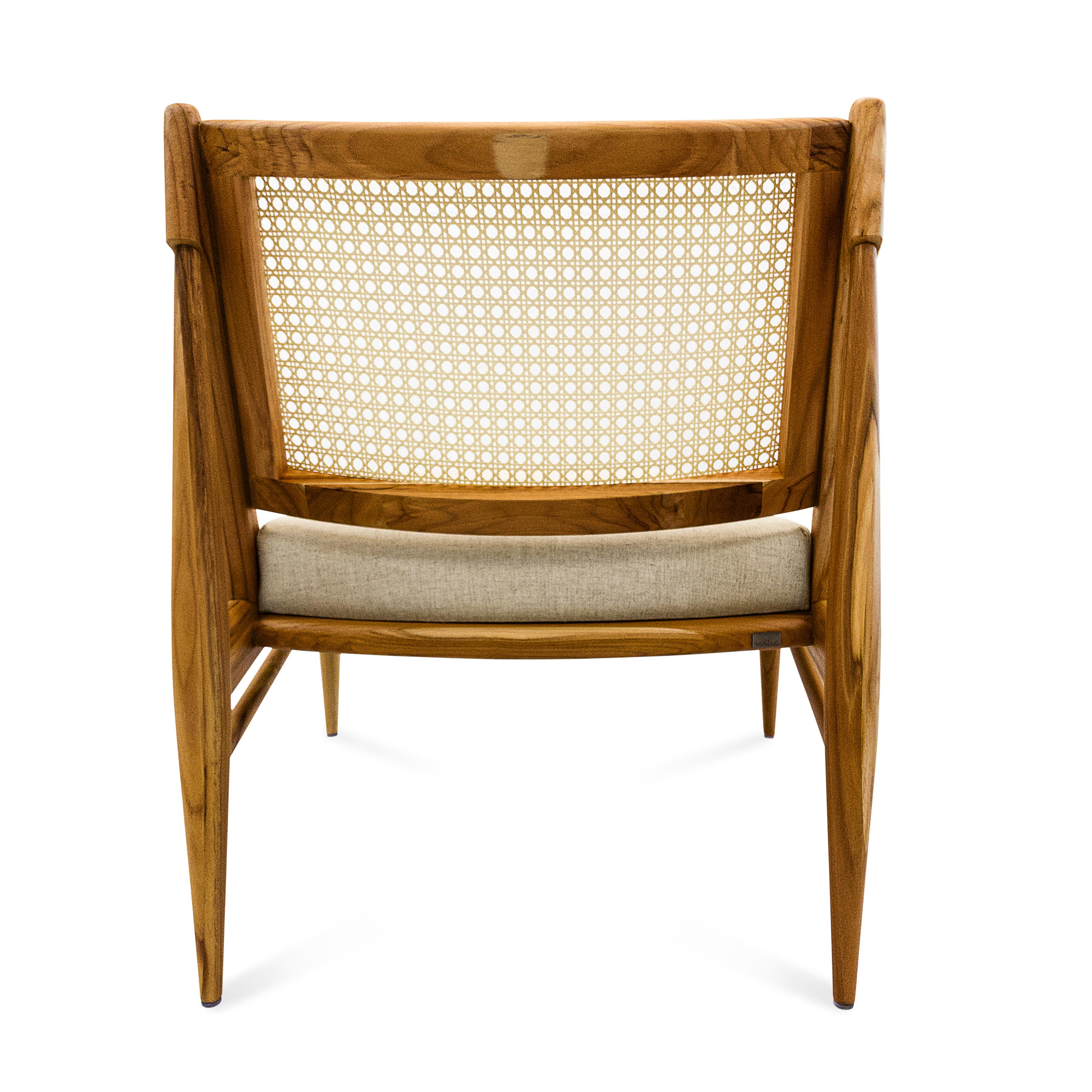 Donna Cane-Back Chair in Teak Wood Finish with Oatmeal Fabric Seat For Sale 1