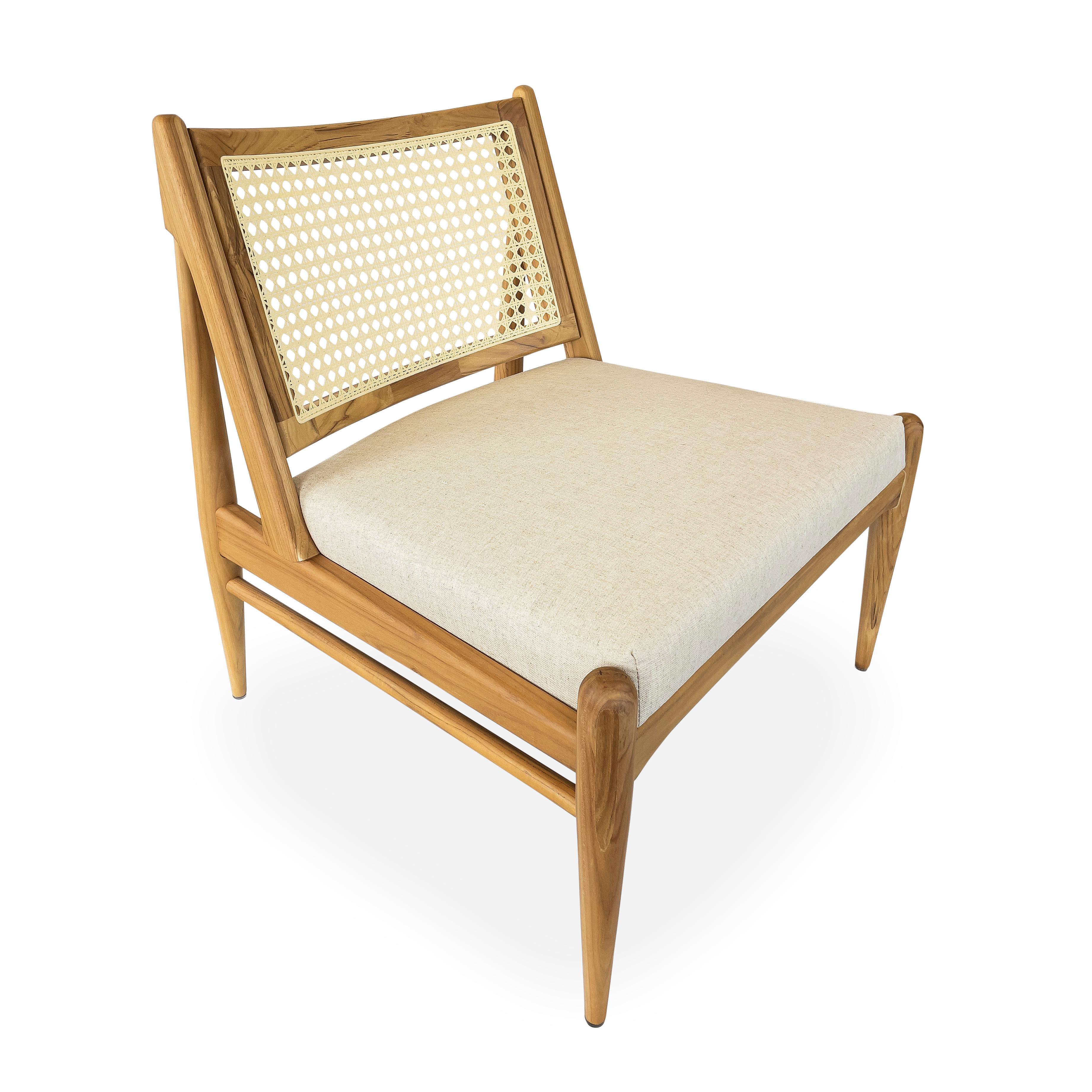 Contemporary Teak Wood Occasional Chair with Cane Back and Beige Fabric - Donna Line For Sale