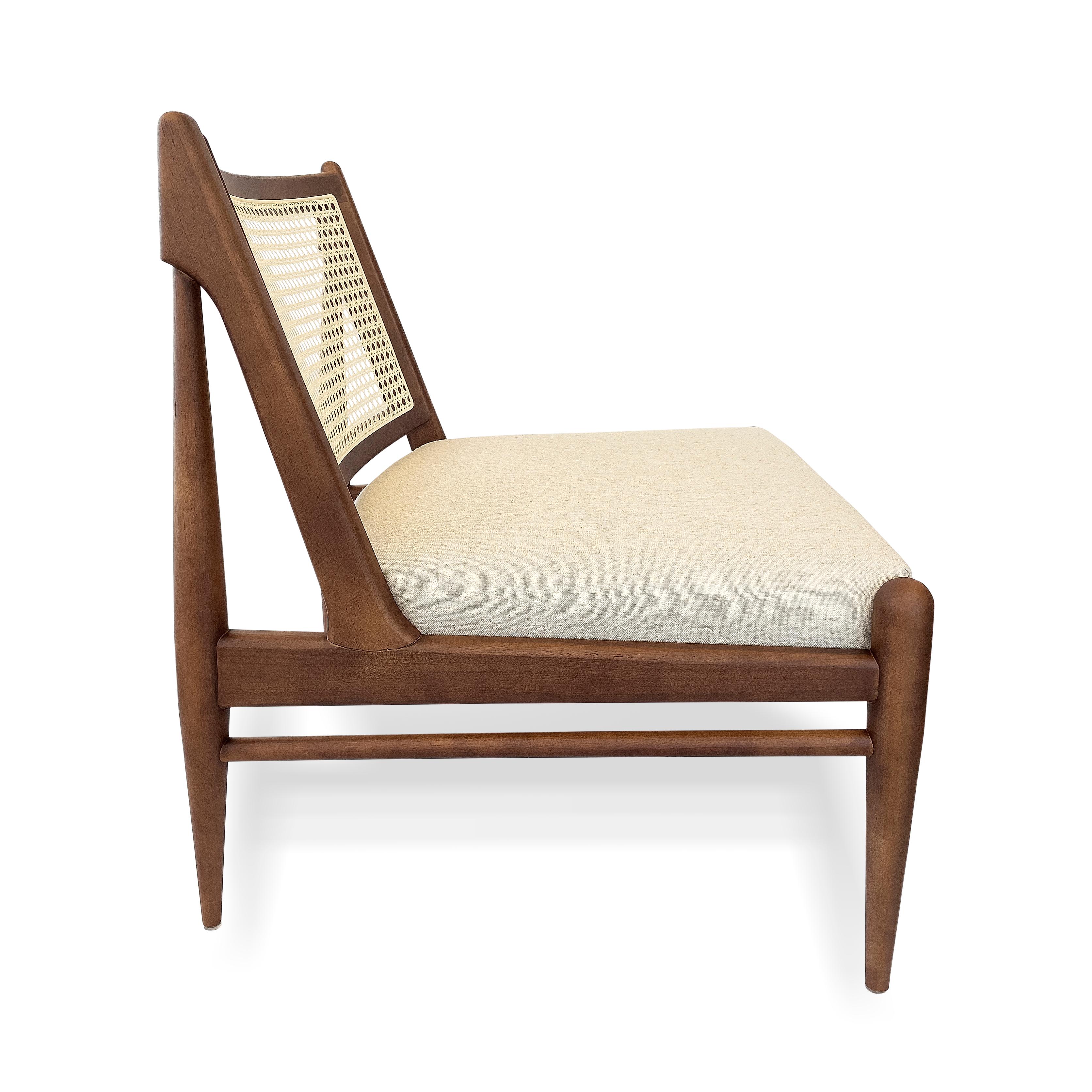 Brazilian Donna Cane-Back Chair in Walnut Wood Finish with an Ivory Fabric Seat For Sale