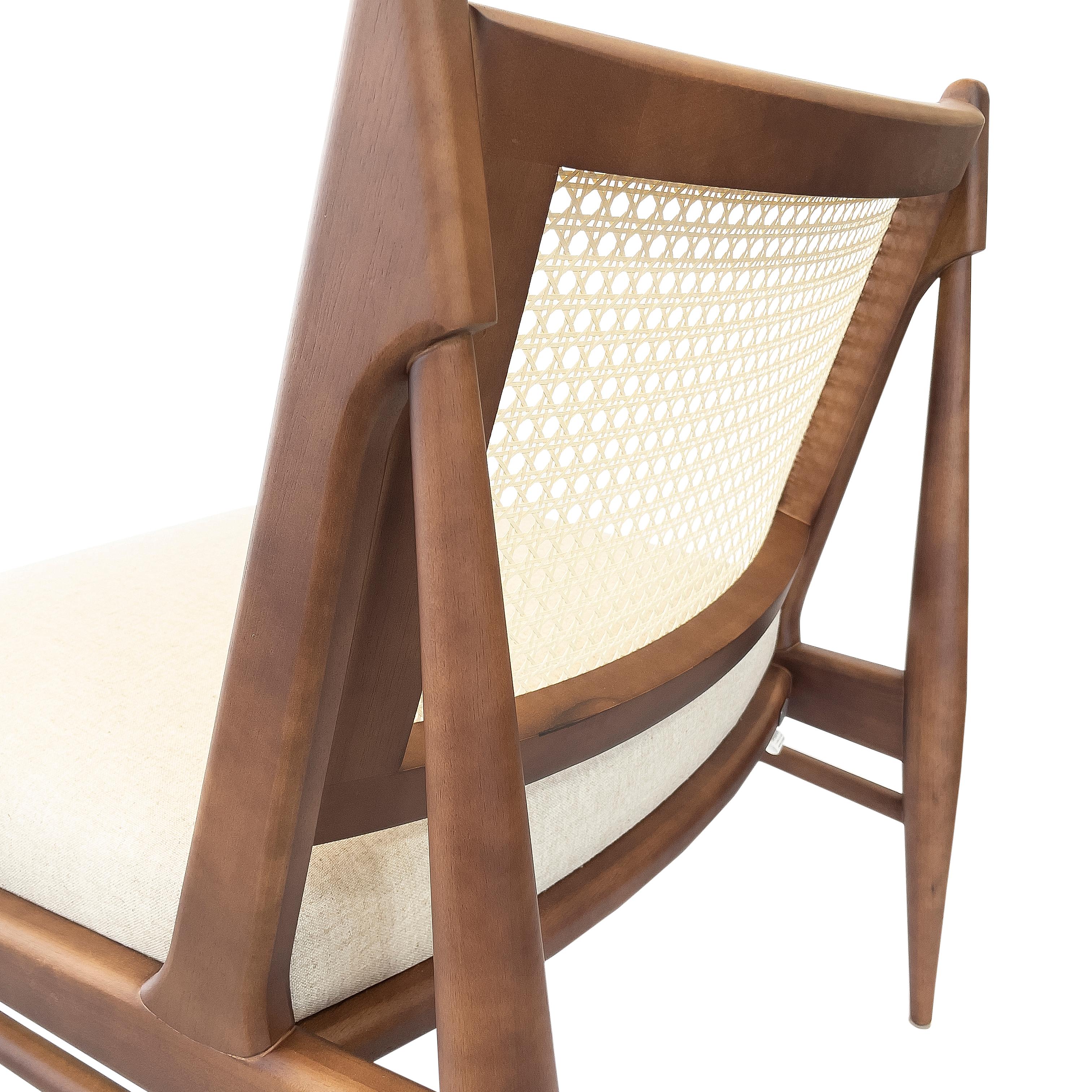 Contemporary Donna Cane-Back Chair in Walnut Wood Finish with an Ivory Fabric Seat For Sale