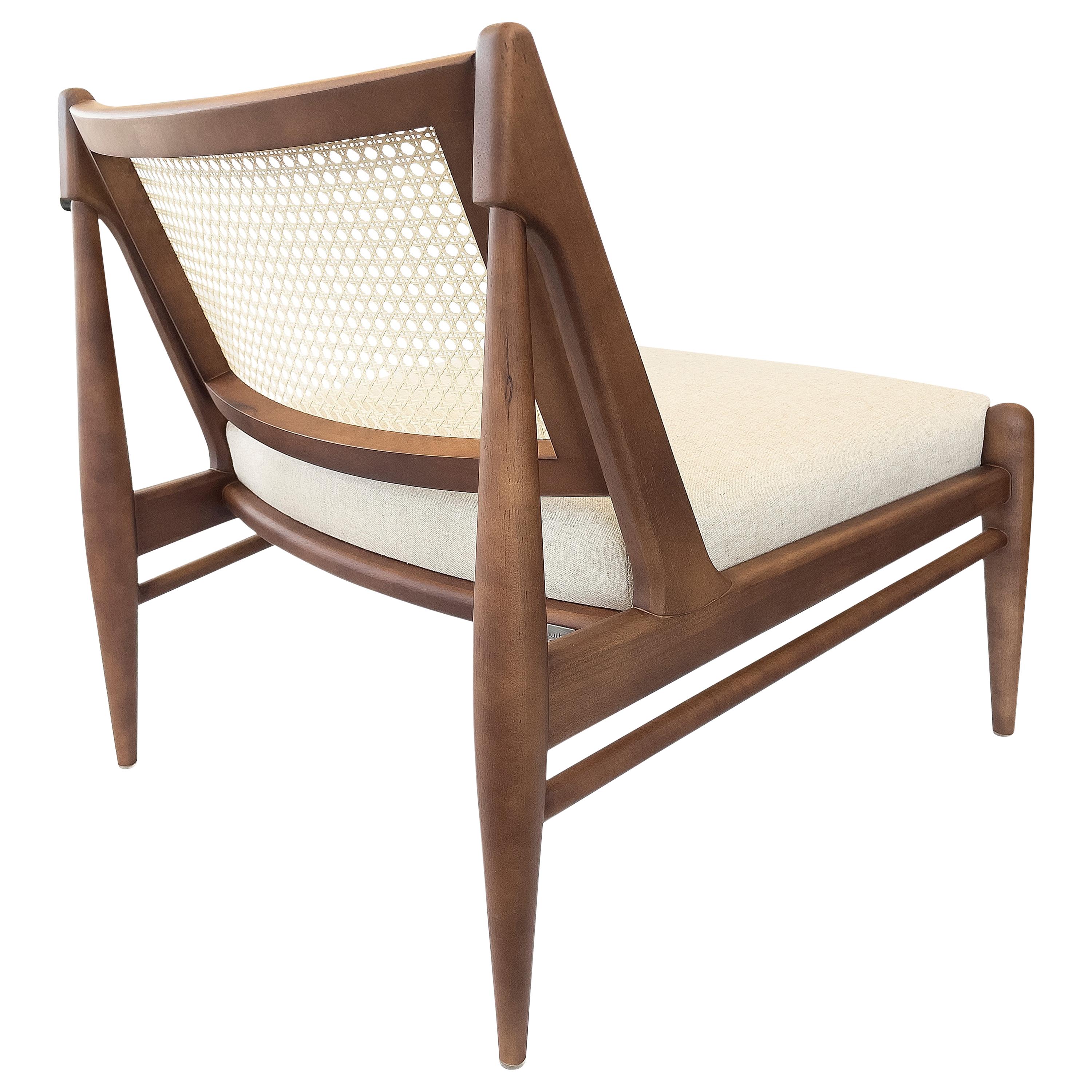 Donna Cane-Back Chair in Walnut Wood Finish with an Ivory Fabric Seat For Sale