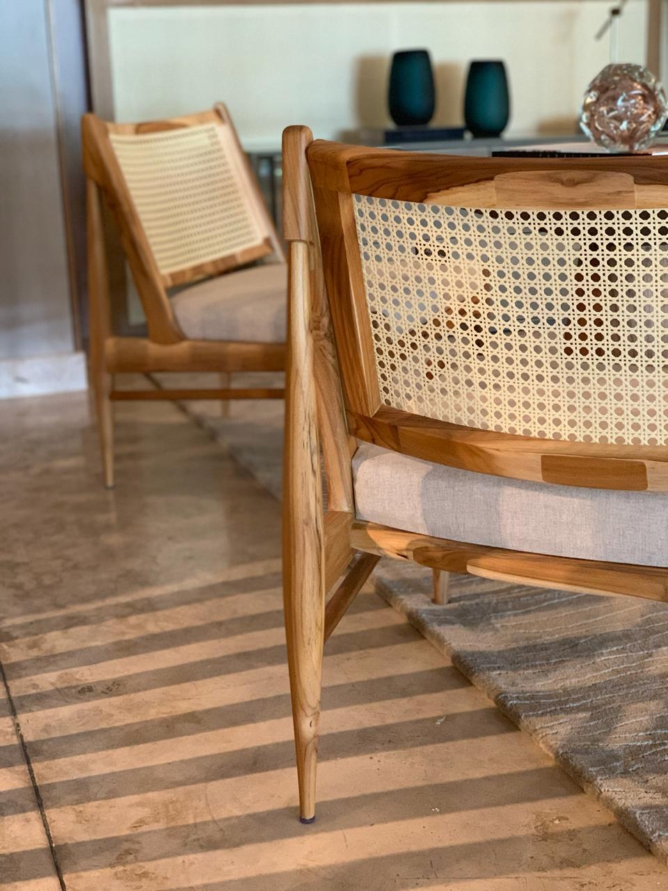 Teak Wood Occasional Chair with Cane Back and Beige Fabric - Donna Line For Sale 5