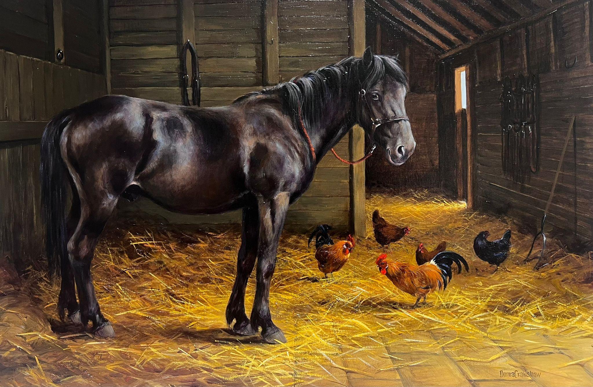 Large English Equestrian Oil Painting Horse in Stable with Chickens signed oil - Black Animal Painting by Donna Crawshaw