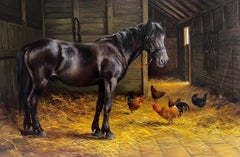 Large English Equestrian Oil Painting Horse in Stable with Chickens signed oil