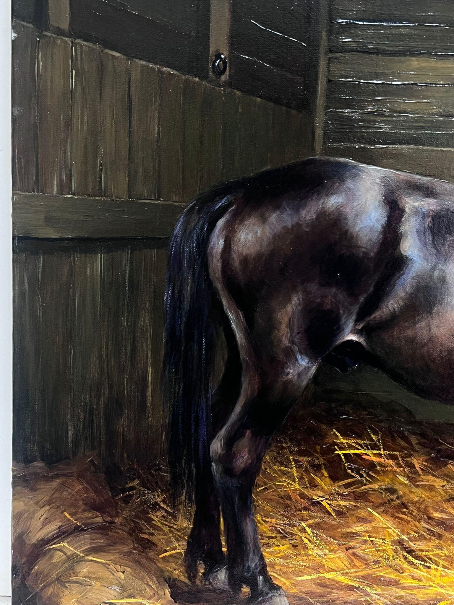 Large English Equestrian Oil Painting Horse in Stable with Chickens signed oil For Sale 1