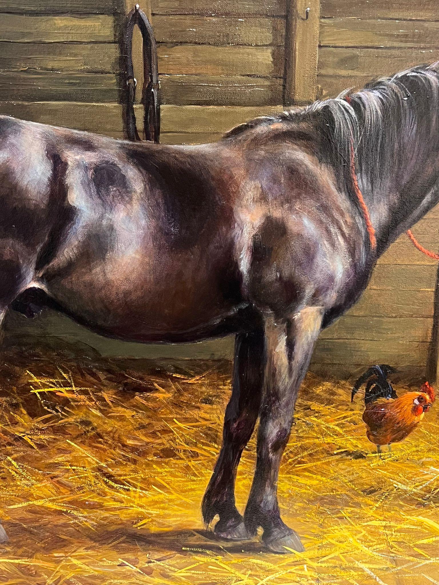 Large English Equestrian Oil Painting Horse in Stable with Chickens signed oil For Sale 2
