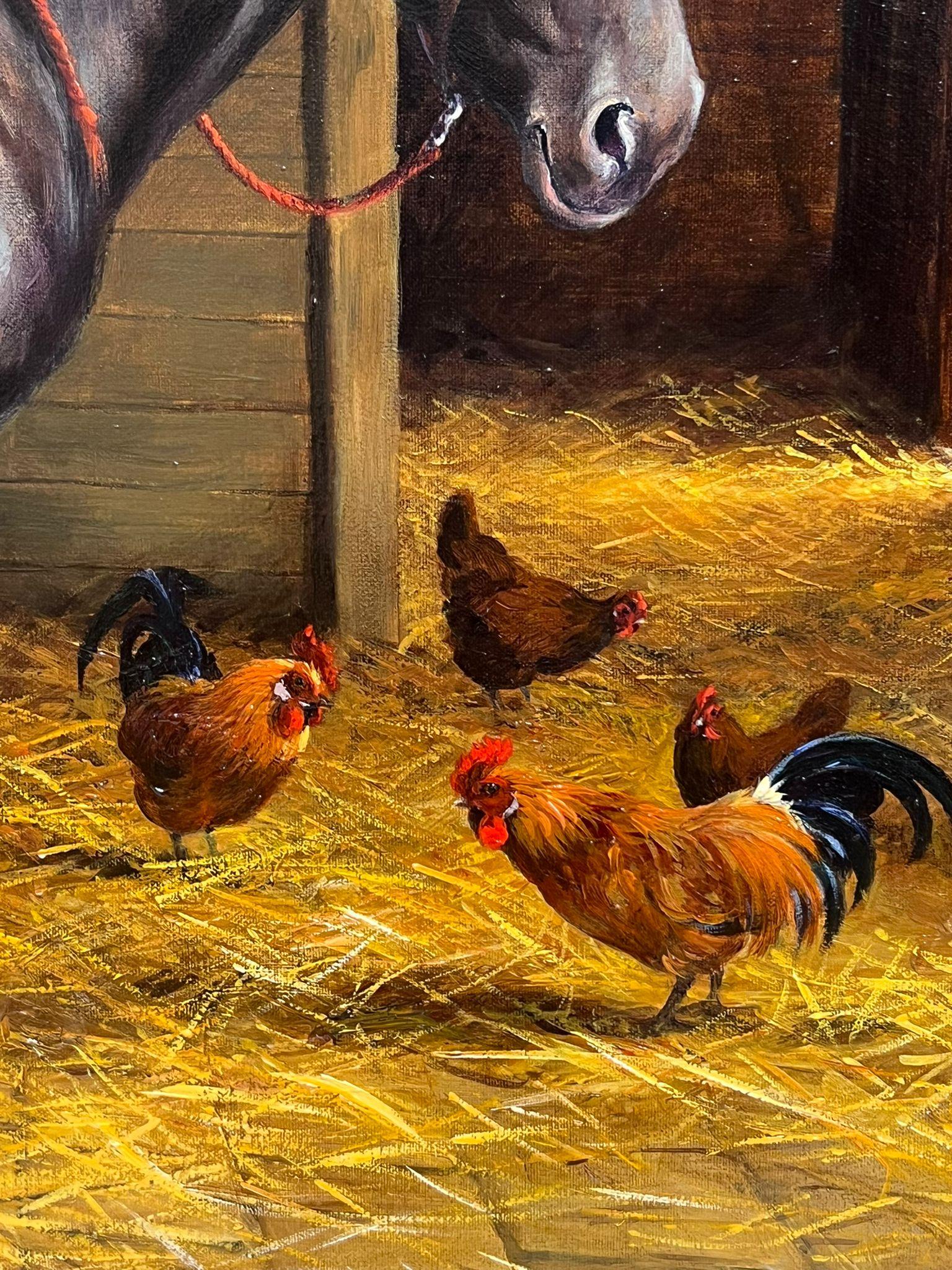 Grande dipinto ad olio equestre inglese Cavallo in stalla con galline firmato olio 1