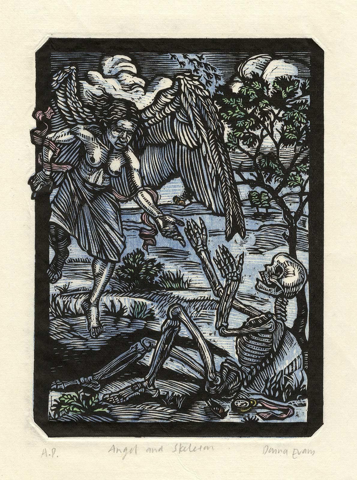 Ángel y Esqueleto (el Ángel rescatador parece ser hembra) - Print Contemporáneo de Donna Evans