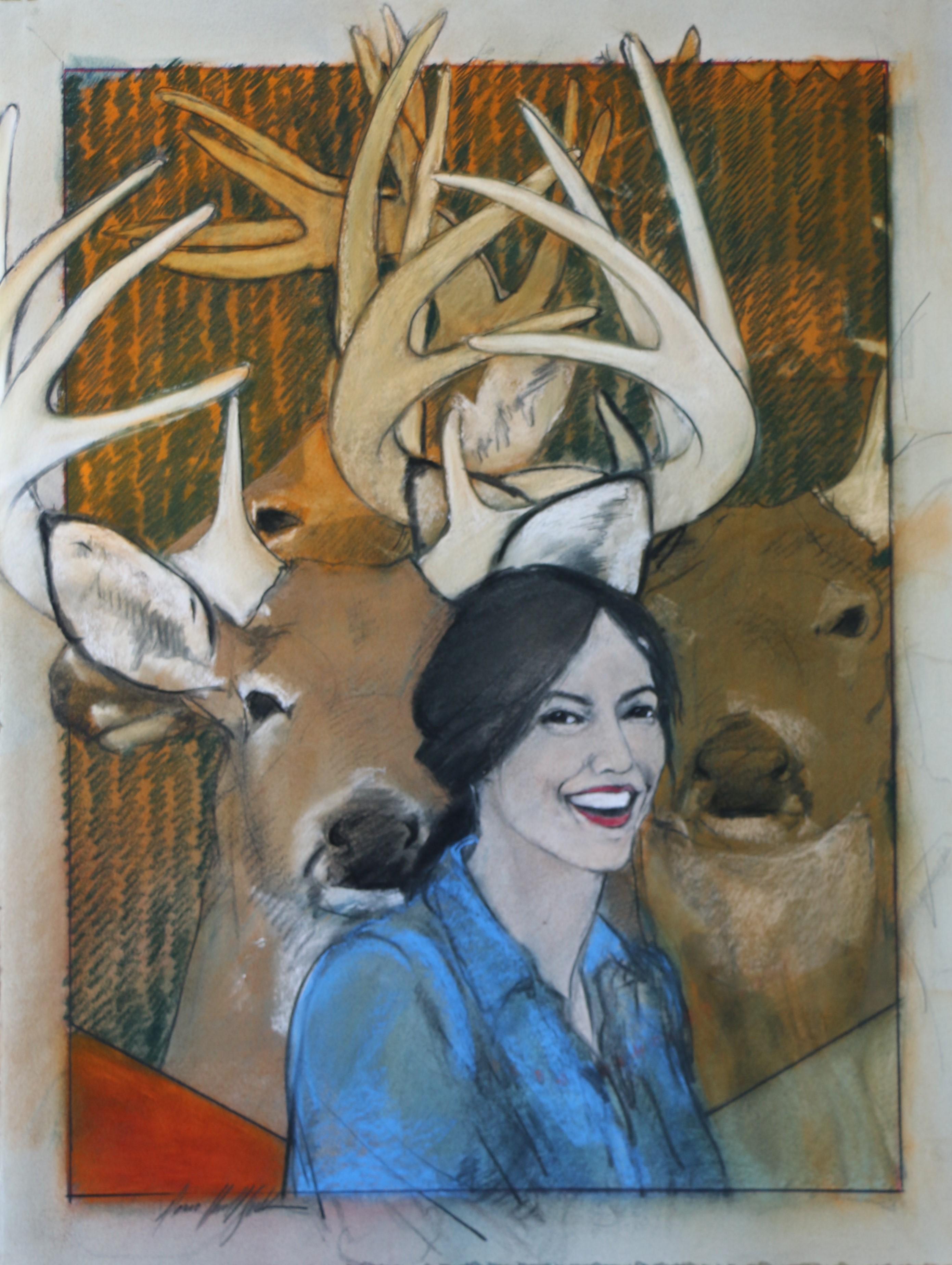 Donna Howell-Sickles Figurative Art - Crowned By Morning Light (woman, deer, cowgirl, antlers)