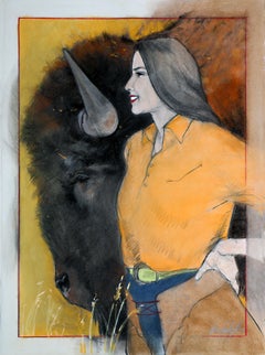 I Can See for 100 Miles (cowgirl, West, bison, prairie, orange, dk brown, gold)