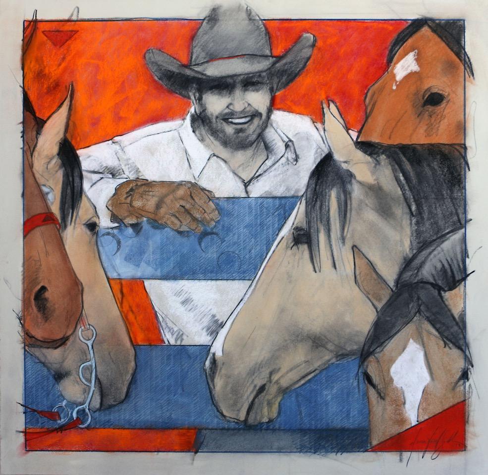 Well His Horses Like Him (Cowboy, horses, western, intimate, red, white, blue) - Mixed Media Art by Donna Howell-Sickles