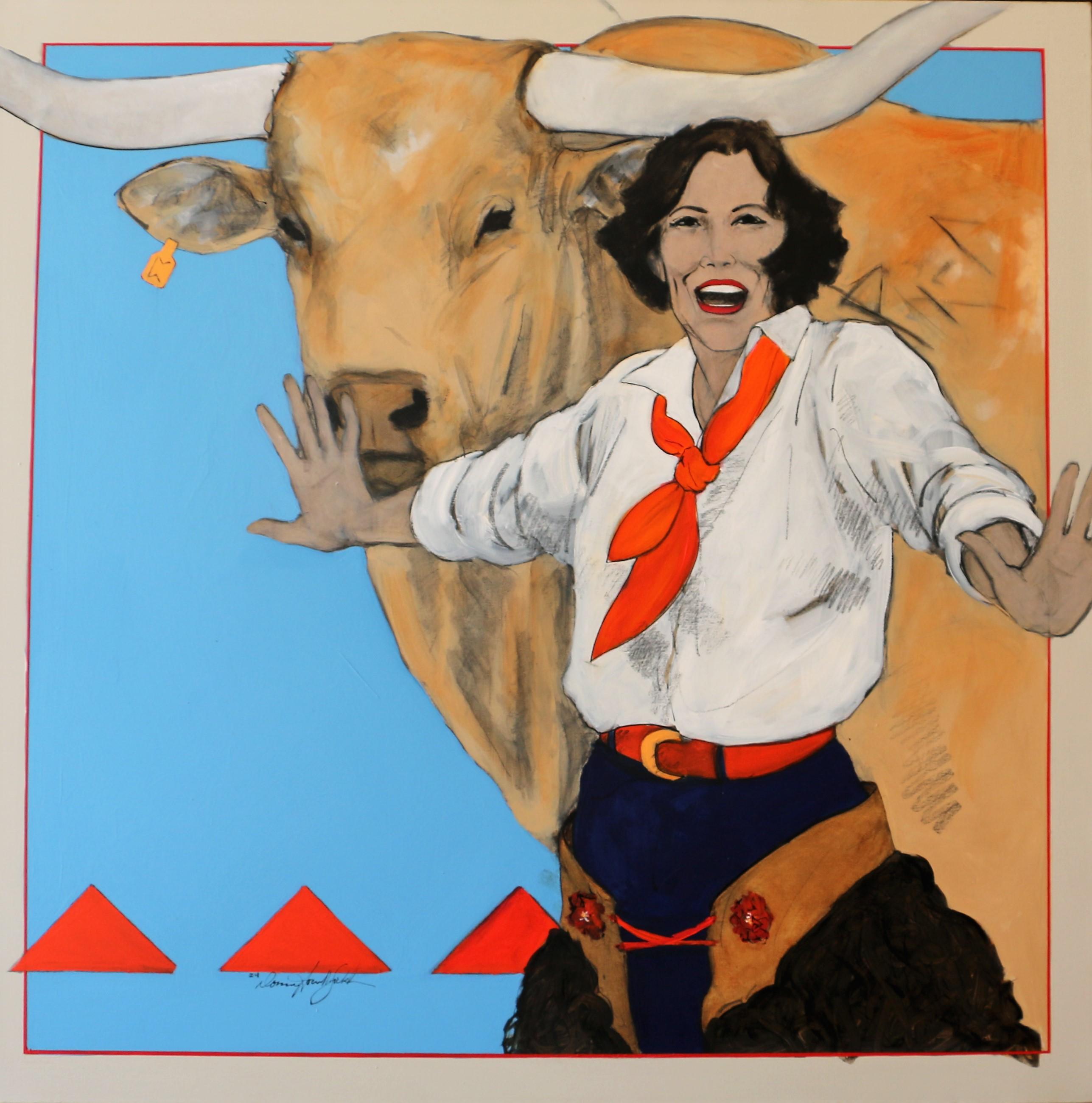 Dancing With Elvis (bull, cowgirl, confident, joyful) - Painting by Donna Howell-Sickles