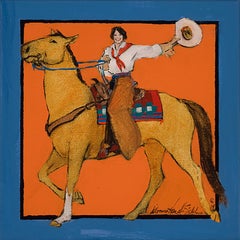 Fine Day for a Ride (cowgirl, horse, vibrant orange, royal blue, wrapped canvas)