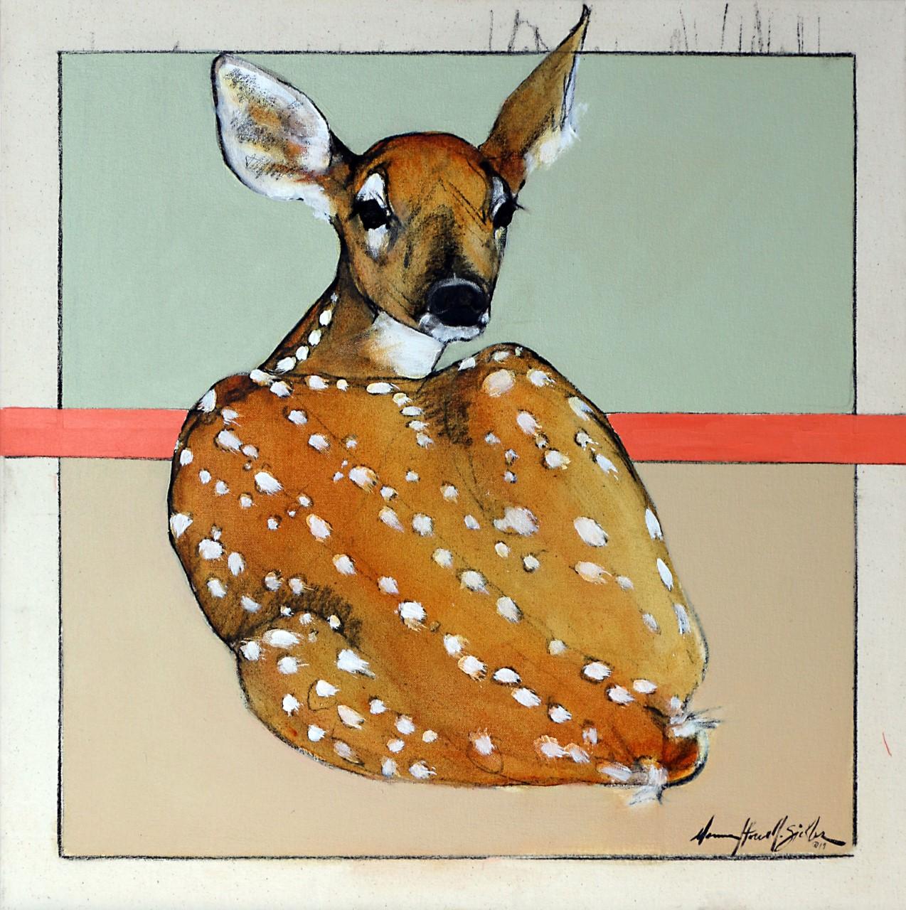 Hiding in Plain Sight (fawn, woodland creature, deer) - Painting by Donna Howell-Sickles