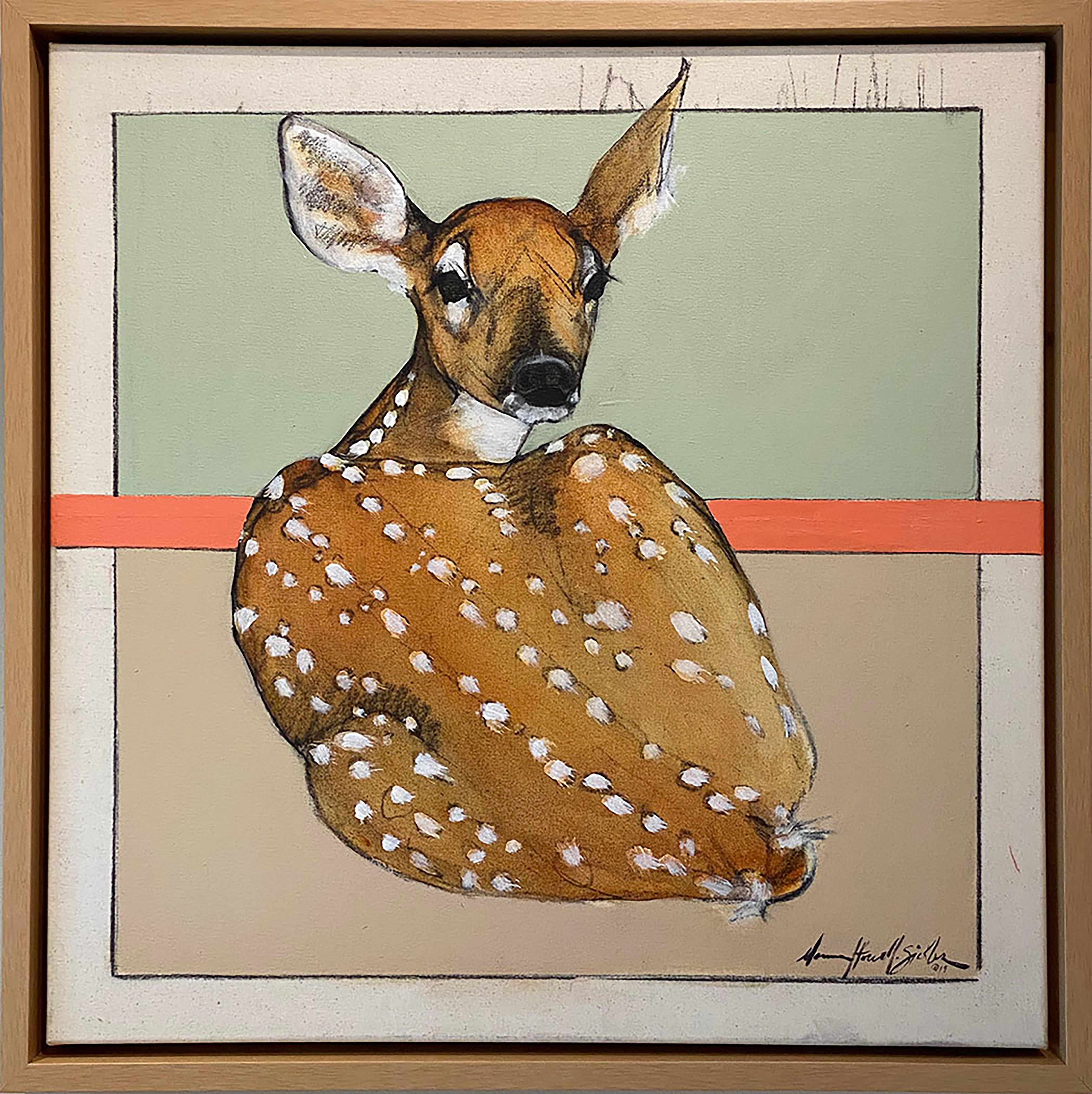 Donna Howell-Sickles Animal Painting - Hiding in Plain Sight (fawn, woodland creature, deer)