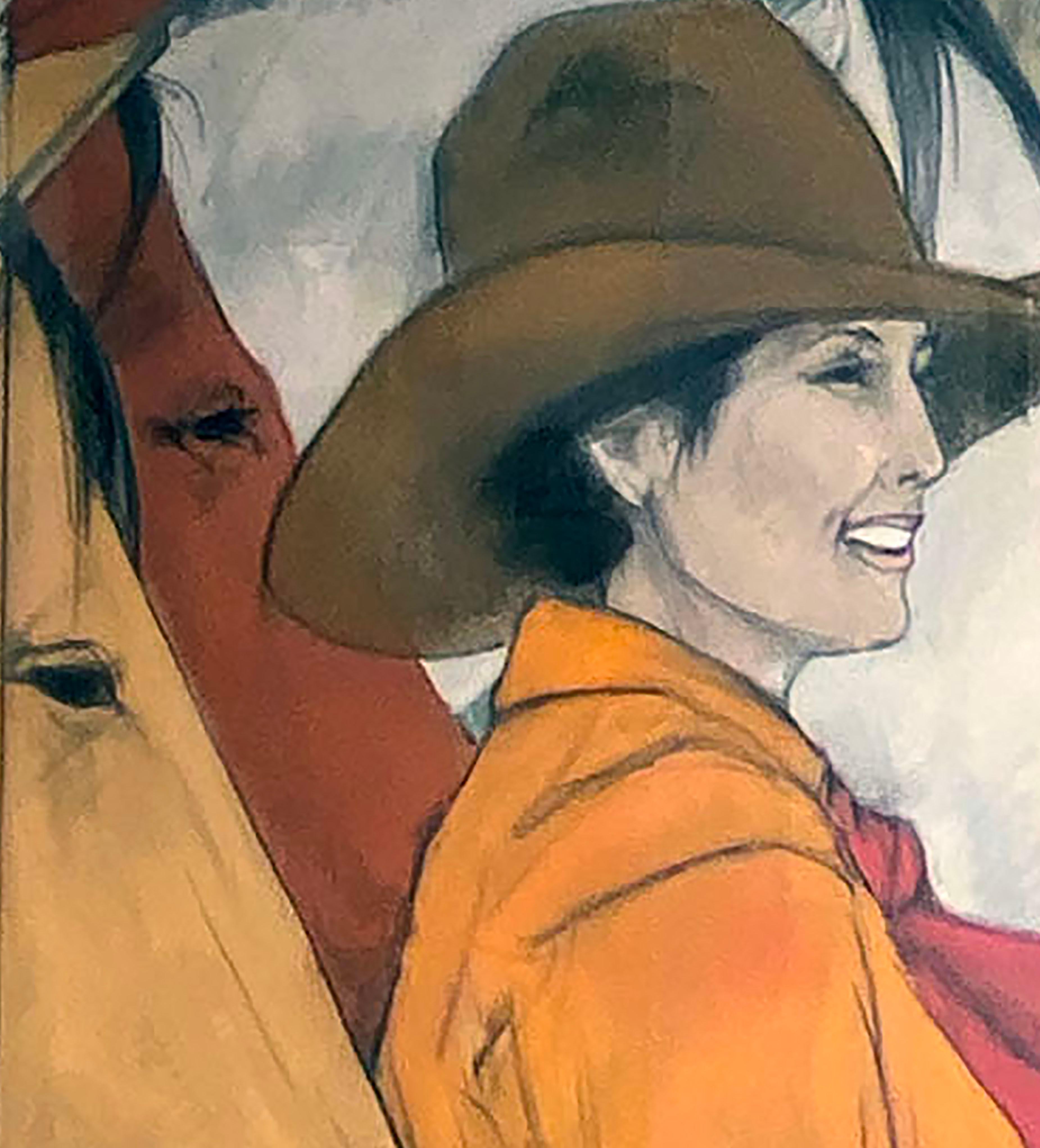 Horse Talk (cowgirl, horses, joyful connection, light blue, orange, red) - Painting by Donna Howell-Sickles