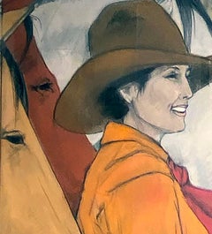 Horse Talk (cowgirl, horses, joyful connection, light blue, orange, red)