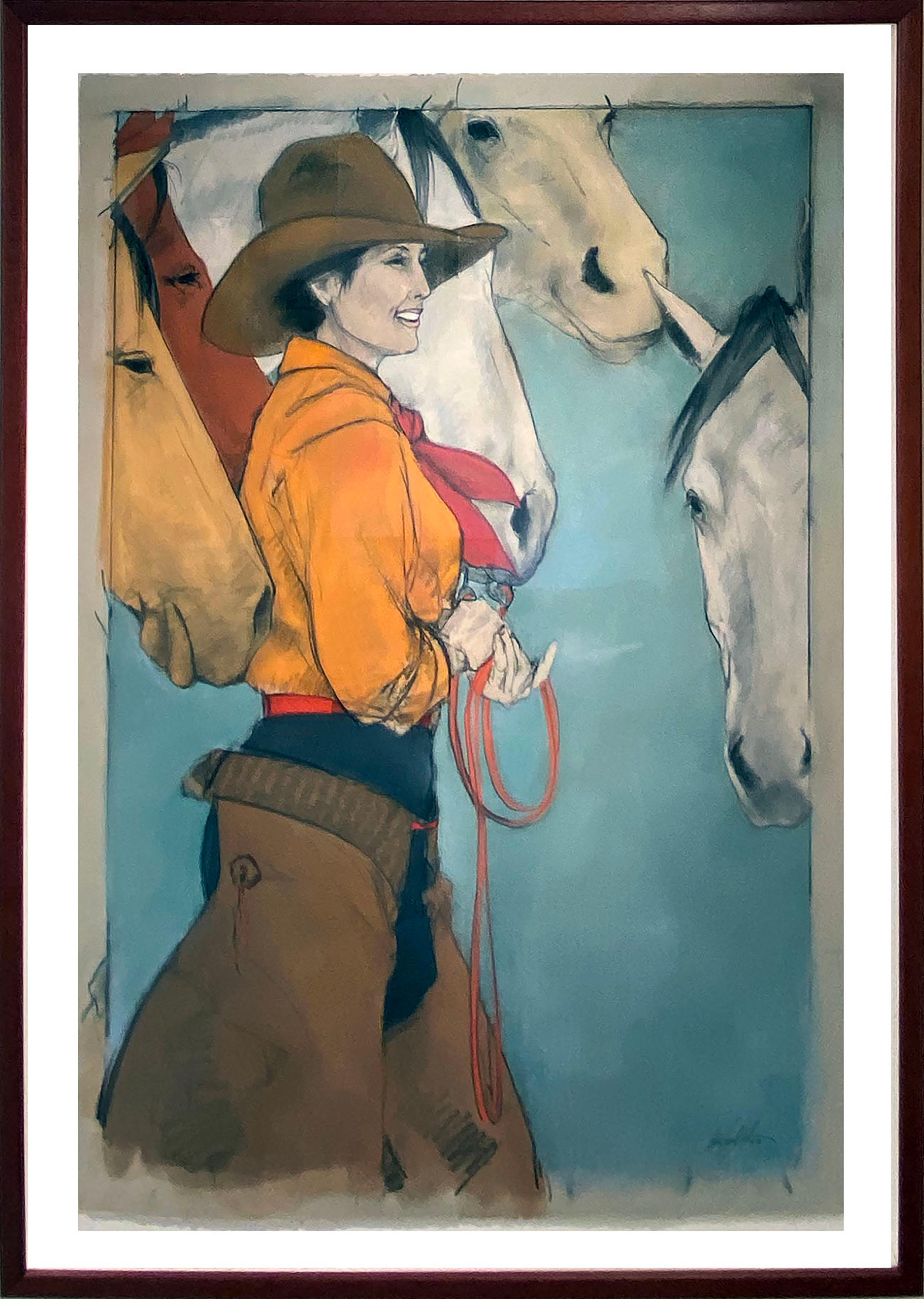 Donna Howell-Sickles Figurative Painting - Horse Talk (cowgirl, horses, joyful connection, light blue, orange, red)