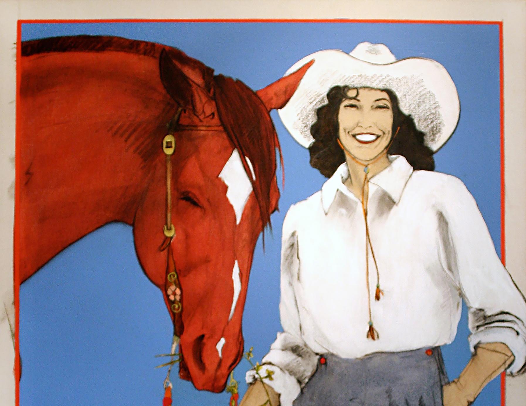 Prairie Rose (cowgirl, horse, blue, red) - Painting by Donna Howell-Sickles