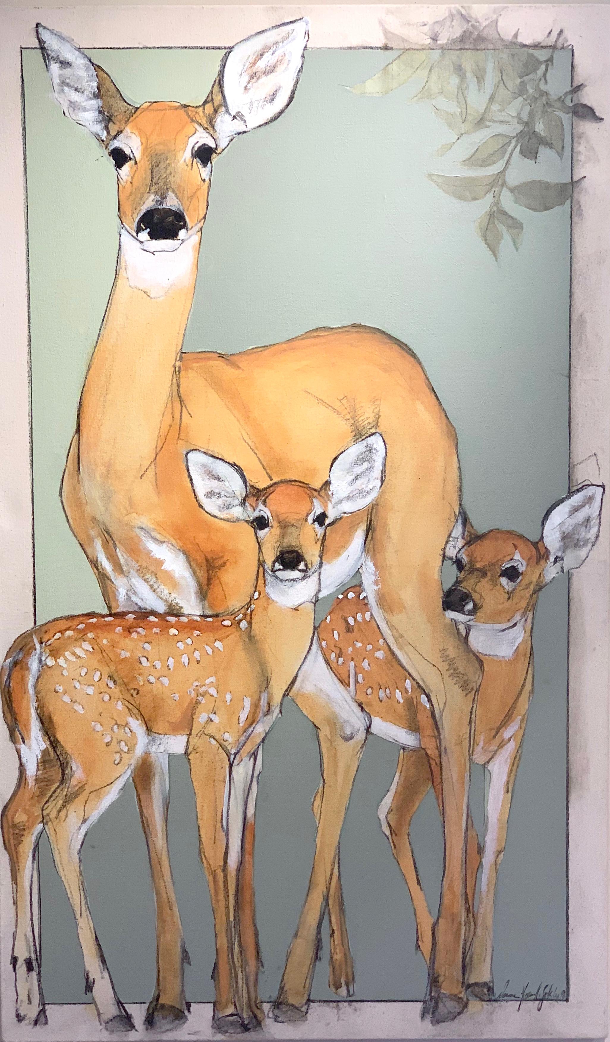 Donna Howell-Sickles Animal Painting - Watchful Eyes (deer, doe, fawn, gray-blue)