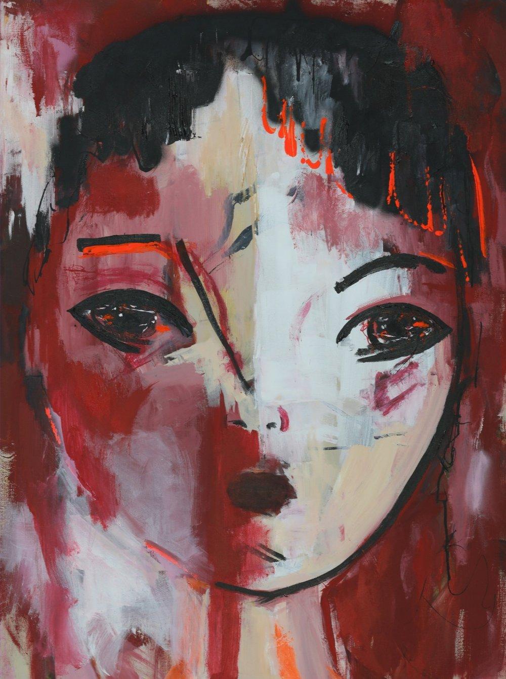 Donna Isham - Portrait de femme au visage abstrait et coloré avec une figure de gazon sur le devant, rouge