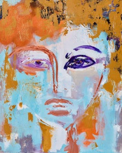 Donna Isham, Gold, Porträt, weibliches Gesicht, leuchtende Farben, abstrakt, figurativ, blau