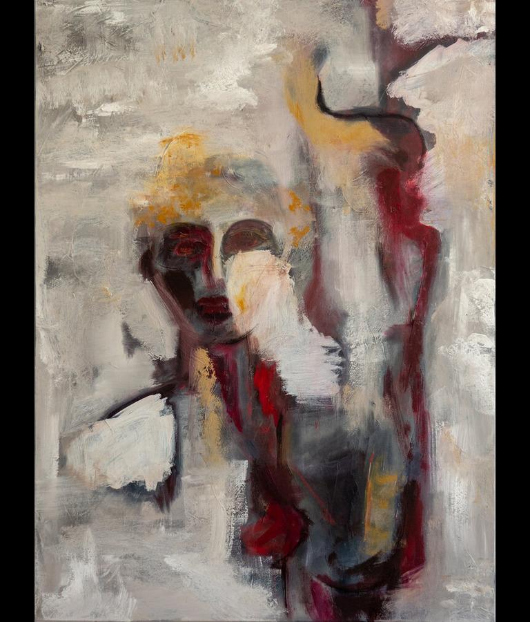 Blurred is the title of this painting. A softer pallet of grays with touched of red gives a more gentle image of the female than her newer works.