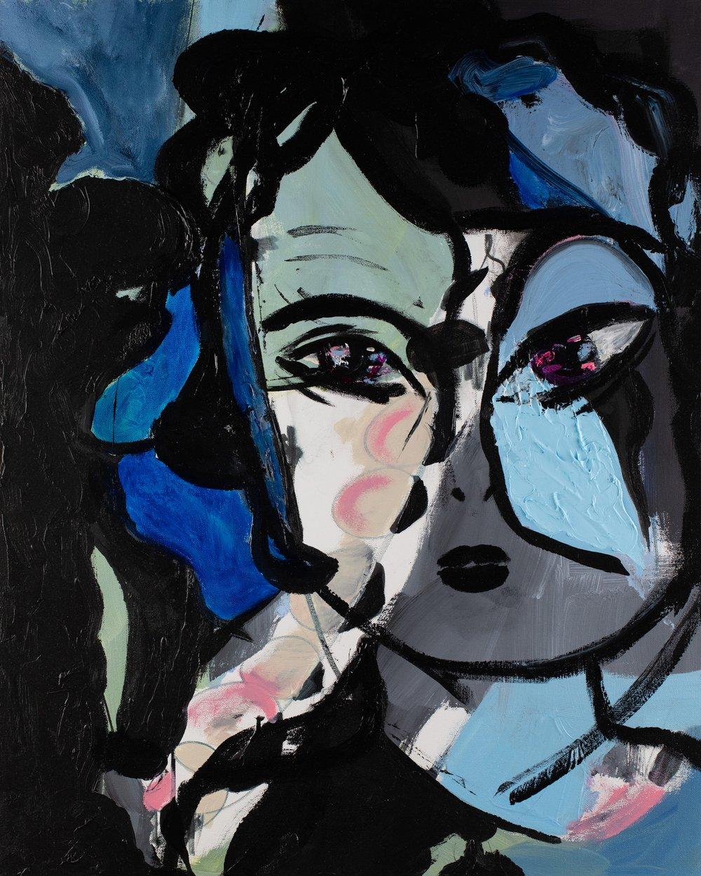 Donna Isham, Porträt, weibliches, blaues, abstraktes, figuratives Gesicht  Menschen
