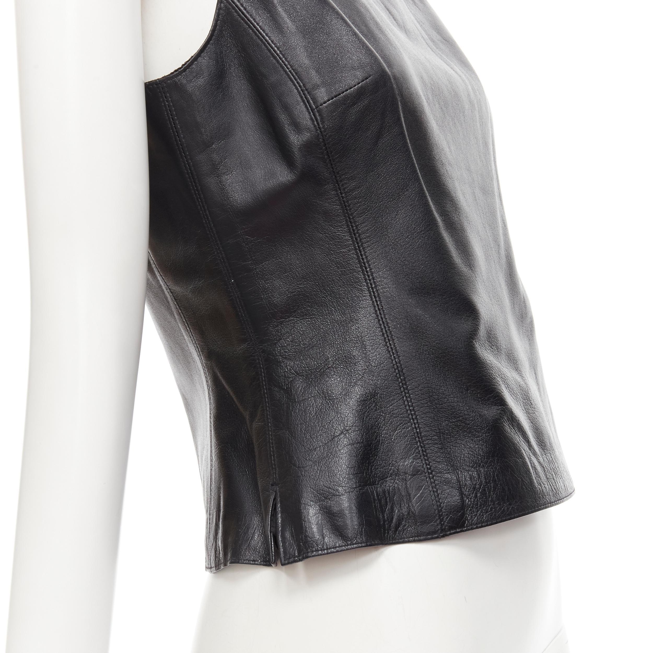 DONNA KARA SIGNATURE black leather square neck leather tank top US6 M 
Reference: GIYG/A00194 
Brand: Donna Karan 
Material: Leather 
Color: Black 
Pattern: Solid 
Closure: Zip 
Extra Detail: Square neck. V-dipped back. Concealed side zip closure.