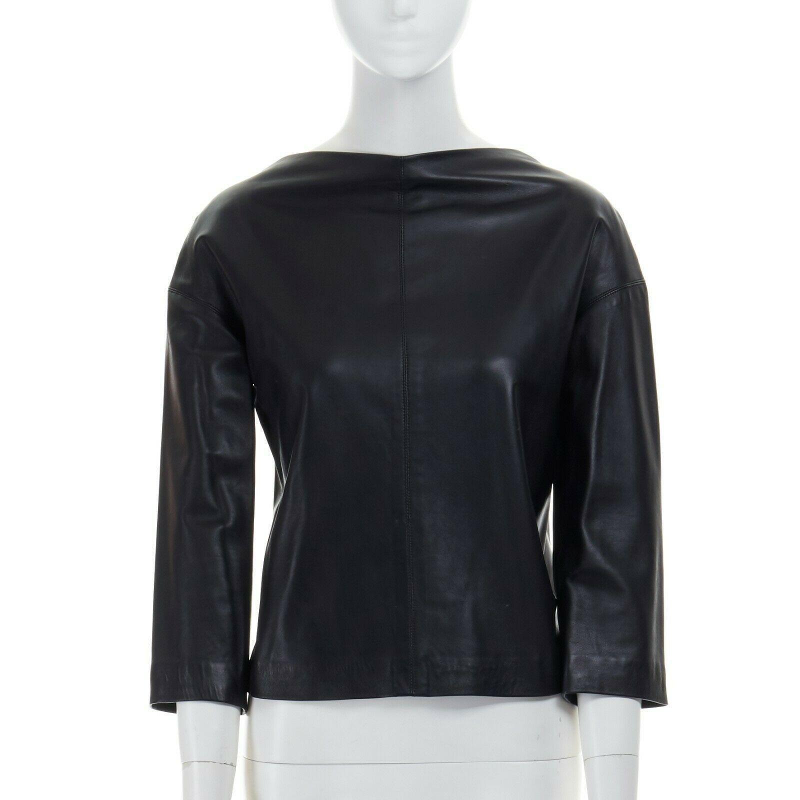 Black DONNA KARAN 100% lambskin leather wide angular neckline 3/4 sleeves top US4 S