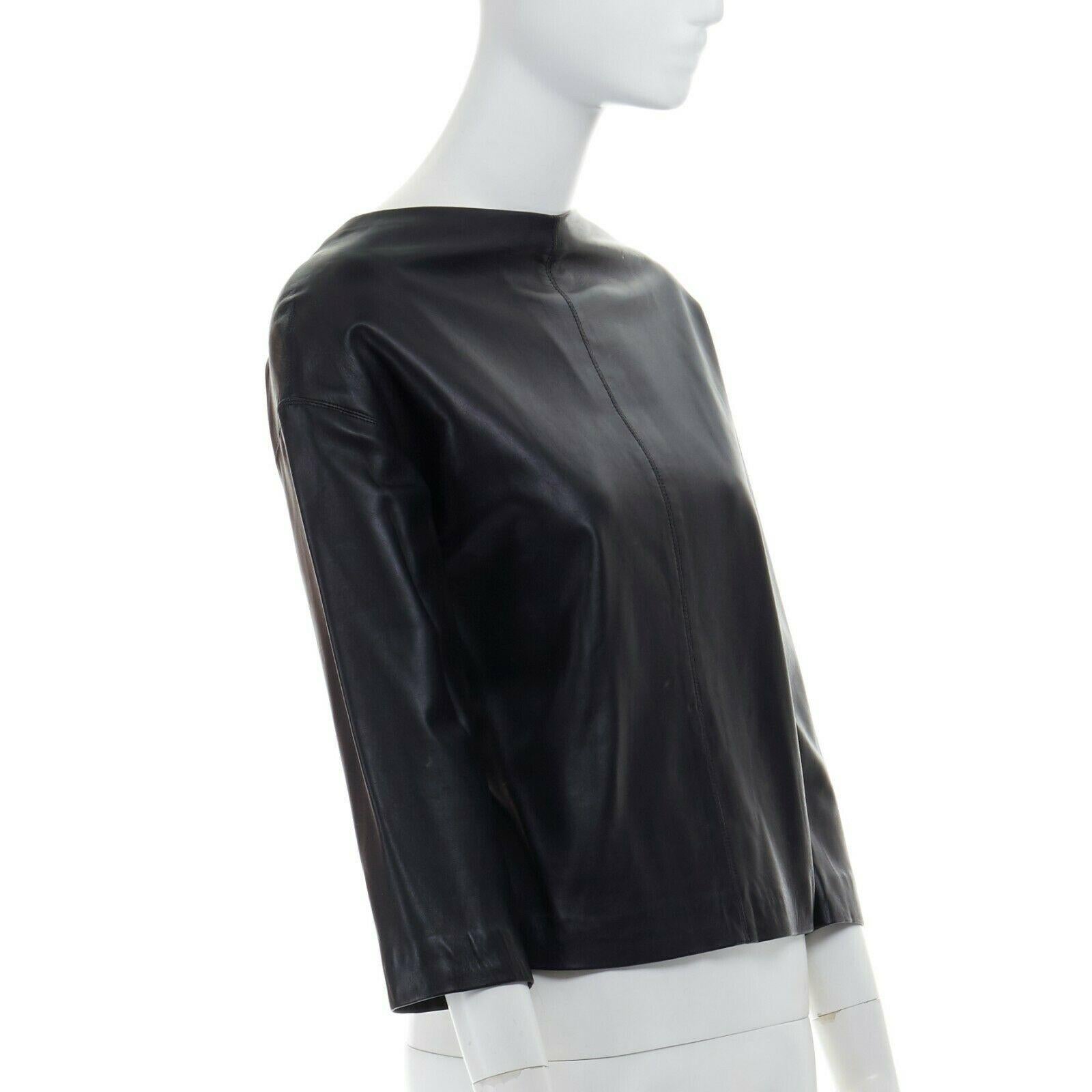 DONNA KARAN 100% lambskin leather wide angular neckline 3/4 sleeves top US4 S In Excellent Condition In Hong Kong, NT